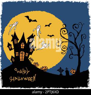 Handgezeichnete Halloween-Illustration von Spukhaus und Vollmond, Fledermäusen und Geistern Stock Vektor