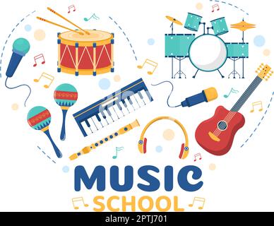 Musik Schule Vorlage in Hand gezeichnet Cartoon flache Illustration Spielen verschiedene Musikinstrumente, Lernen Bildung Musiker und Sänger Stock Vektor