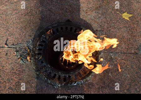 Orange ist eine wunderschöne, warme, ewige Flamme, die aus dem Boden brennt, zum Gedenken an verstorbene Krieger, Soldaten. Stockfoto