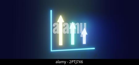 3D-Rendering, 3D-Illustration, fluoreszierende Pfeile auf marineblauem Hintergrund, absteigendes oder absteigendes Konzept, Neonschild, Business Stockfoto