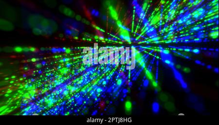 Leuchtende, mehrfarbige, wunderschöne Laserlinien aus Punkten und Partikeln mit unscharfem Regenbogeneffekt Hintergrund dunkles abstraktes Design. Stockfoto