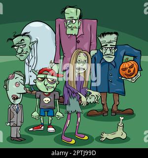 Zombies-Zeichentrickfiguren-Gruppen an Halloween Stock Vektor