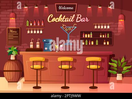 Cocktailbar oder Nachtclub mit Freunden Hanging Out mit alkoholischen Fruchtsaftgetränken oder Cocktails auf Flat Hand Drawn Cartoon Template Illustration Stock Vektor