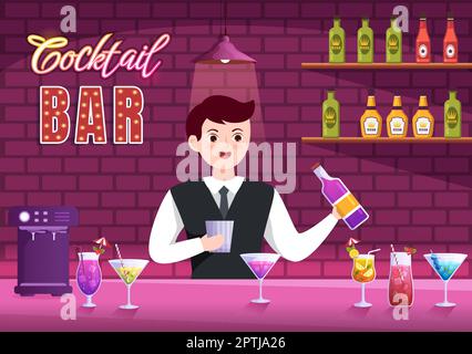 Cocktailbar oder Nachtclub mit Freunden Hanging Out mit alkoholischen Fruchtsaftgetränken oder Cocktails auf Flat Hand Drawn Cartoon Template Illustration Stock Vektor