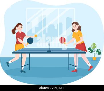 Menschen, die Tischtennis-Sport mit Tennisschläger und Ball of Ping Pong Spiel Match in Flat Cartoon Hand Drawn Templates Illustration Stock Vektor