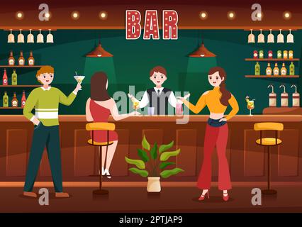 Cocktailbar oder Nachtclub mit Freunden Hanging Out mit alkoholischen Fruchtsaftgetränken oder Cocktails auf Flat Hand Drawn Cartoon Template Illustration Stock Vektor