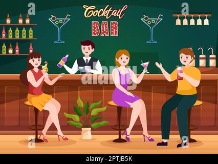 Cocktailbar oder Nachtclub mit Freunden Hanging Out mit alkoholischen Fruchtsaftgetränken oder Cocktails auf Flat Hand Drawn Cartoon Template Illustration Stock Vektor
