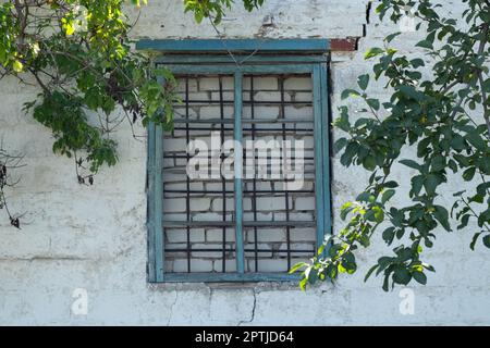 Backsteinfenster und Gitter in einem verlassenen Haus Stockfoto