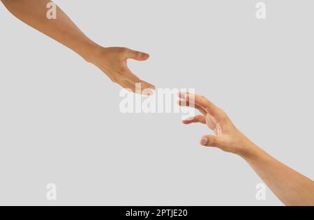 Rettung, helfende Geste der Hände auf weißem Hintergrund enthalten Beschneidungspfad. Konzept der Hilfshand und internationaler Tag des Friedens Stockfoto