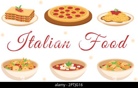 Italienisches Speiserestaurant oder Cafeteria mit Küchenchef, der traditionelle italienische Gerichte, Pizza oder Pasta in handgezeichneter Cartoon-Schablone zubereitet Stock Vektor