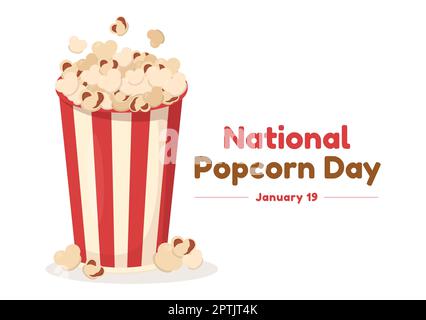 National Popcorn Day am 19.. Januar mit einer großen Box mit roten und weißen Streifen in flachen Cartoon-Hintergrund handgezeichnete Vorlagen Illustration Stockfoto
