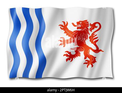 Flagge der Region Nouvelle-Aquitaine, Frankreich schwenkt Bannersammlung. 3D-Abbildung Stockfoto
