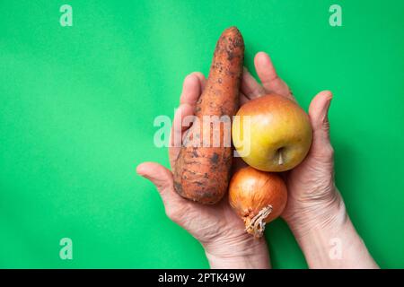 Zwiebeln, Karotten und Apfel schmutzig in den Händen der Großmutter auf dem Tisch, Ernte, Gemüse und Obst Stockfoto