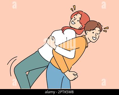 Glückliche Kinder haben Spaß zusammen zu spielen. Ein lächelndes Mädchen und ein Typ, die sich mit lustigen kindischen Aktivitäten beschäftigen und das Wochenende genießen. Freundschaft. Vektordarstellung. Stockfoto