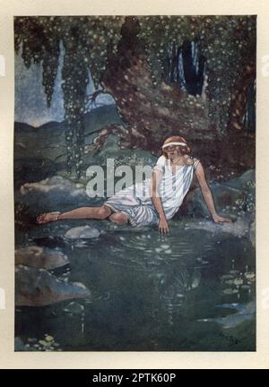 Narcissus betrachtet sein Spiegelbild in einem Pool, Dancer in Kostüm für das Ballett Narcisse, ein originelles Ballett am Abend, das Nikolai Tcherepnins Spielstand Narcisse et Echo 1911 für die Ballets Russes komponierte Stockfoto