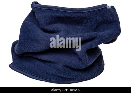 Nahaufnahme eines blauen Herren Halswärmer Schal oder Winter Ski Hals Ärmel isoliert auf weißem Hintergrund. Beschneidungspfad. Gesicht Schal Frau oder Fleece-Maske. Mac Stockfoto
