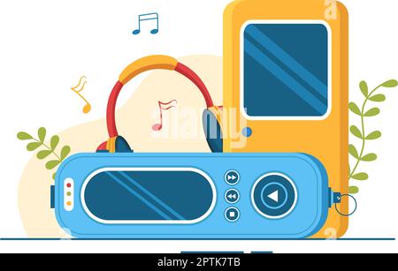 MP3 Player mit Kopfhörern, Headset und Musiktelefon Hörgeräte in Mobile App auf Flat Cartoon Handgezeichnete Vorlagen Illustration Stock Vektor