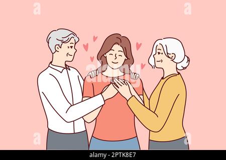 Glückliches älteres Paar, das ein erwachsenes Mädchen umarmt und Liebe und Fürsorge zeigt. Lächelnde alte Eltern umarmen eine Erwachsene Frau. Familientreffen. Vektor-Illustration Stockfoto
