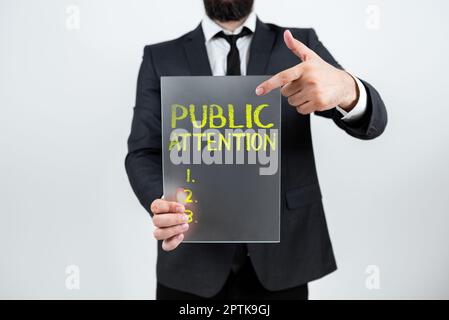 Textüberschrift: Öffentliche Aufmerksamkeit, Unternehmensübersicht die Aufmerksamkeit oder der Fokus der Öffentlichkeit auf eine Person Stockfoto