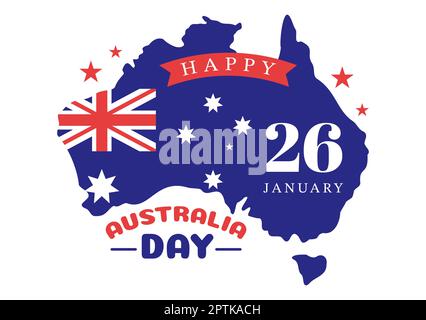 Happy Australia Day findet jedes Jahr am 26.. Januar statt, mit Flaggen und einer Karte zur Vielseitigkeit der Menschen in flachem Cartoon, handgezeichnete Vorlage Stockfoto