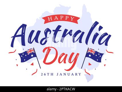 Happy Australia Day findet jedes Jahr am 26.. Januar statt, mit Flaggen und einer Karte zur Vielseitigkeit der Menschen in flachem Cartoon, handgezeichnete Vorlage Stockfoto