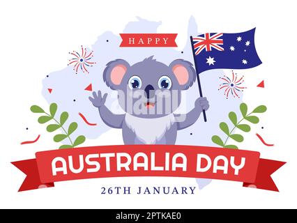 Happy Australia Day findet jedes Jahr am 26.. Januar mit Flaggen und Koalas in der flachen, handgezeichneten Schablone statt Stockfoto