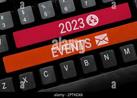 Hand schreiben Zeichen 2023 Veranstaltungen, Wort auf Neujahr Feiern Zeitplan Kalender wichtige Veranstaltungsplanung geschrieben Stockfoto