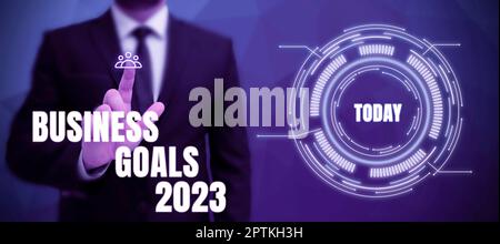 Schild mit den Geschäftszielen 2023, Business Concept Advanced Capabilities Timely Expectations Goals Stockfoto