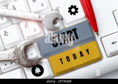 Hand schreiben Zeichen Start, Wort geschrieben am Anfang oder gerechnet werden von einem bestimmten Zeitpunkt im Raum Launch Stockfoto