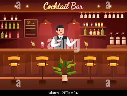 Cocktailbar oder Nachtclub mit Freunden Hanging Out mit alkoholischen Fruchtsaftgetränken oder Cocktails auf Flat Hand Drawn Cartoon Template Illustration Stock Vektor