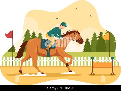 Pferderennen Wettbewerb auf einer Rennbahn mit Equestrian Performance Sport und Reiter oder Jockeys auf Flat Cartoon Handgezeichnete Vorlagen Illustration Stock Vektor