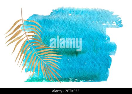 Aquarelle Palmenblätter. Tropisches Pflanzenelement. Handgezeichnete botanische Illustration auf blauem Hintergrund. Stockfoto