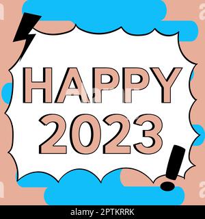 Textschild mit Happy 2023, konzeptuelle Fotofeier zum Beginn des Kalenderjahres 2023 Stockfoto