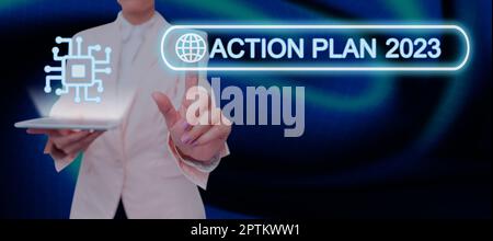 Konzeptüberschrift Aktionsplan 2023, Word für To-Do-Liste enthalten eine Reihe von Dingen, die im nächsten Jahr erledigt werden sollen Stockfoto
