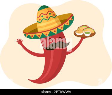 Mexikanisches Restaurant mit verschiedenen köstlichen traditionellen Küche Tacos, Nachos und andere auf flacher Cartoon Handgezeichnete Vorlagen Illustration Stock Vektor