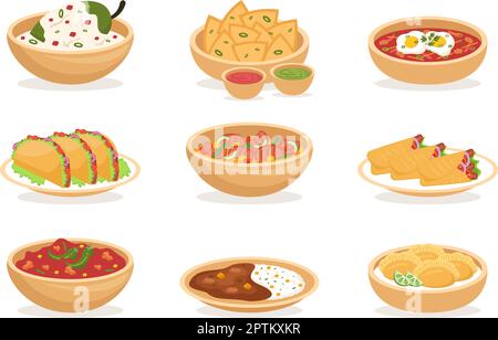 Mexikanisches Restaurant mit verschiedenen köstlichen traditionellen Küche Tacos, Nachos und andere auf flacher Cartoon Handgezeichnete Vorlagen Illustration Stock Vektor