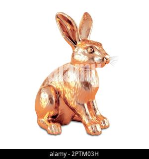 Golden Metallic Realistic Bunny Rabbit auf weißem Hintergrund. 3D-Rendering Stockfoto