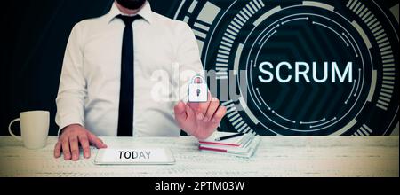 Text mit Inspiration Scrum, Business präsentieren Handschrift im Unterschied zu druckgeschriebenen Figuren des Spiels Stockfoto