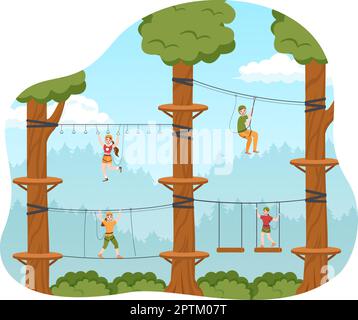 Seilrutschen-Illustration mit Besuchern, die auf einem Hindernisparcours spazieren gehen, und Outdoor Rope Adventure Park in Forest in Flat Cartoon Hand Drawn Templates Stock Vektor