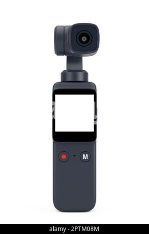 Handheld Gimbal Action-Kamera im Taschenformat auf weißem Hintergrund. 3D-Rendering Stockfoto