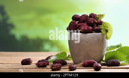 Lila Maulbeeren auf dem Tisch und Garten im Hintergrund. Eine Schüssel Schwarze Maulbeere. Gesunde Purpurfrüchte. (Morus nigra) Stockfoto