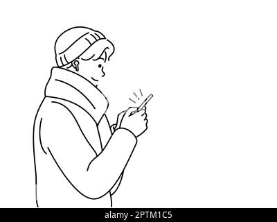 Ein junger Mann mit Kopfhörern benutzt ein Handy, das auf die Metro wartet. Ein Typ mit Smartphone in der U-Bahn. Öffentliche Verkehrsmittel. Vektordarstellung. Stockfoto