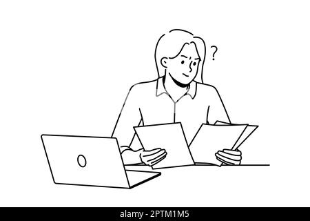 Frustrierte Frau, die mit Papierkram am Laptop arbeitet. Verwirrte weibliche Angestellte ziehen Dokumente am Arbeitsplatz in Betracht. Vektorgrafik. Stockfoto