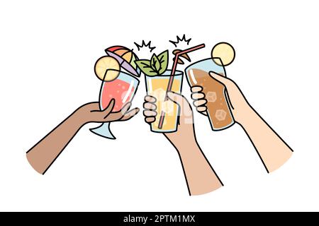 Die Hände multirassistischer Menschen klappern mit verschiedenen Getränken in Gläser. Kinn, Toast mit Cocktails mit Eiswürfeln, Minzblättern, Zitronenscheiben, Stroh. Vec Stockfoto