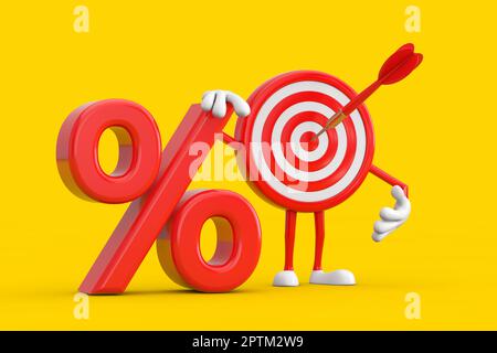 Bogenschießen-Ziel und Dart im Center Cartoon Person Character Maskottchen mit rotem Retail Percent Sale- oder Discount-Zeichen auf gelbem Hintergrund. 3D-Rendering Stockfoto