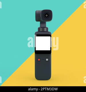Handheld Gimbal Action-Kamera im Taschenformat auf einem gelb-blauen diagonalen Hintergrund. 3D-Rendering Stockfoto