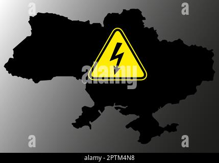 Stromausfall auf der ukrainischen Karte hat ein Warnschild mit einem Blitzsymbol - Blackout Konzept. Strommangel im Land aufgrund der Zerstörung b Stockfoto