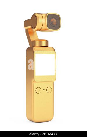 Golden Pocket Handheld Gimbal Action-Kamera auf weißem Hintergrund. 3D-Rendering Stockfoto