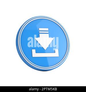 Download-Symbol in blauem Kreis auf weißem Hintergrund. 3D-Rendering Stockfoto
