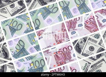 Eine Collage aus vielen Bildern von Euro-banknoten in Stückelungen von 100 und 500 Euro im Heap liegen Stockfoto